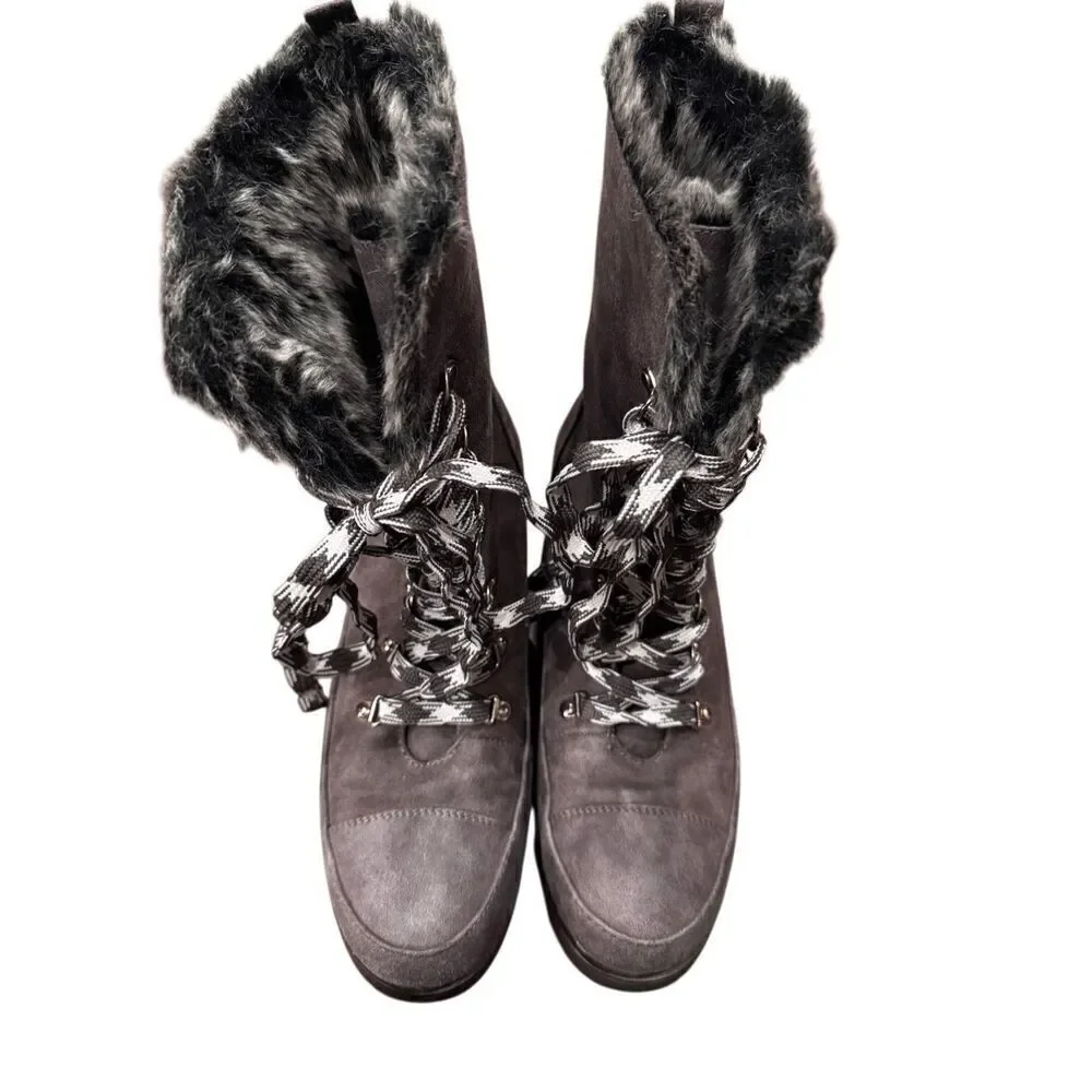 JustFab gray lace up faux leather and fur boots (10)